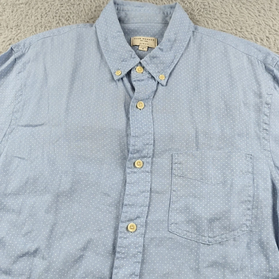 Club Monaco Shirt Mens M Blue Dot Slim Fit 100% Linen Summer Beachy Button Down - Image 2 of 4