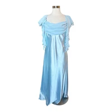 Milano Formal VTG Ethereal Draped Chiffon Sky Blue Dress Sz M Lace Up Back NWT