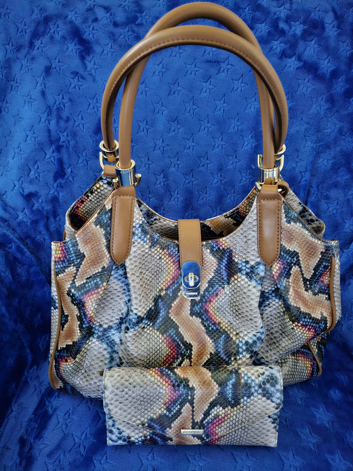 Brahmin Multicolor Snake Animal Print Satchel Handbag and Matching wallet EUC