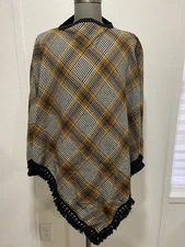 Handmade Shawl Poncho Cape Woven Pull Over Fall Colors Fringe Women VTG