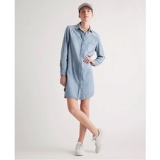 Quince Blue Distressed Denim Shirt Dress Button Front Cotton Utility Core Size L