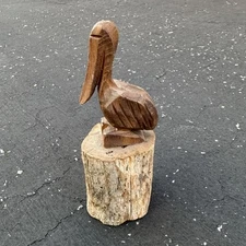 Vintage Wooden Pelican Bird Perched On Pilings Hand Carved Figurine Miniature