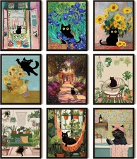 SEHSUVC Funny Black Cat Poster Set of 9 Vintage Van Gogh Black Cat Wall Art P...