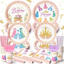 144 Pcs Princess Paper Plates Napkins, Birthday Party Supplies Include Forks Cup