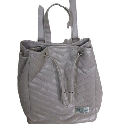 Bella Russo Taupe Gray Chevron Quilted Faux Leather Drawstring Backpack Bag