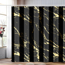 Black and Gold Shower Curtain Set with Gold Hooks, Black Marble Shower Curtain f