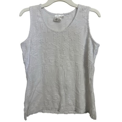 Parsley Sage White Abstract Textured Sleeveless Tank Medium Boho Artsy Minimal