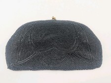 Walborg Black Beaded Evening Bag Purse Vintage Clutch Kiss Closure Belgium Heavy