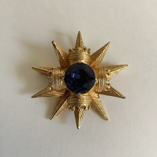 Vintage Benedikt NY Maltese Cross Brooch Pin Dark Blue Stone Starburst Design - Picture 2 of 8