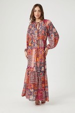 FOREVER 21 S Multicolor Floral Maxi Dress V-Neck Long Sleeve Ruffle