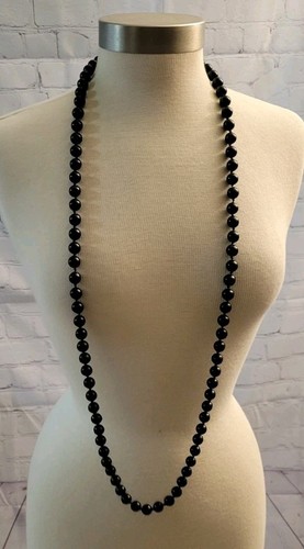 Beaded Long Necklace Black Acrylic Beads 24" Long Knotted - Picture 2 of 6