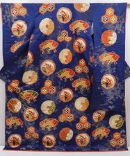 6119T09z1180 Vintage Japanese Kimono Silk FURISODE Folding fan Navy