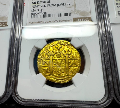 PERU 8 ESCUDOS 1734/3 NGC AU PIRATE GOLD COINS DOUBLOON TREASURE