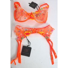 Honey Birdette Dixie Orange Bra 30G And Garter XS Embroidered Sheer Set