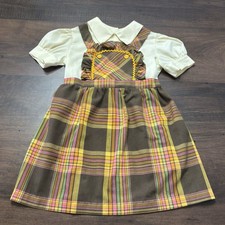 Vtg 60s Pinafore Brown Yellow Pink Plaid Dress Peter Pan Collar Girls 2T READ