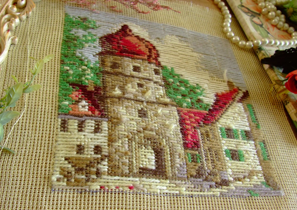 Red Roof Castel Handmade Tramme Preworked Needlepoint Canvas - Image 2 of 4
