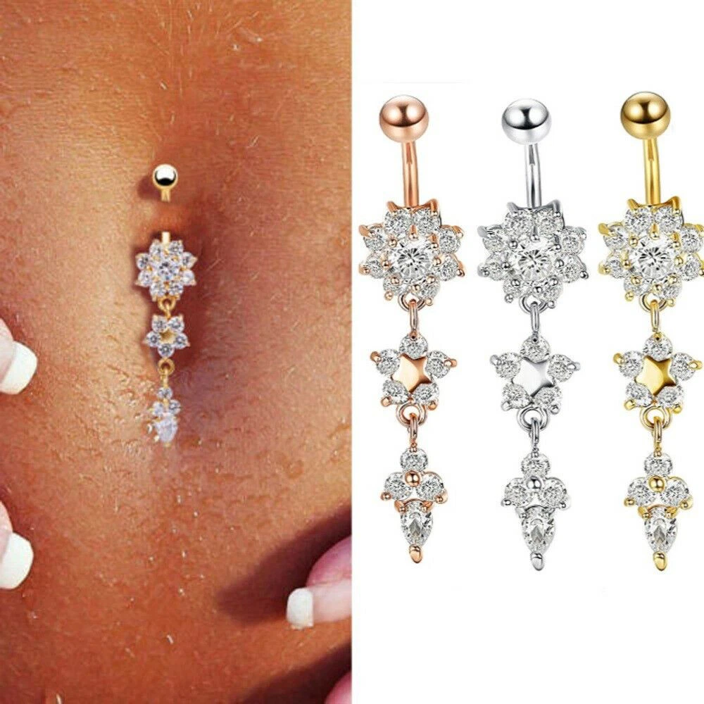 Beauty Crystal Flower Dangle Navel Belly Button Ring Bar Body Piercing Jewelry