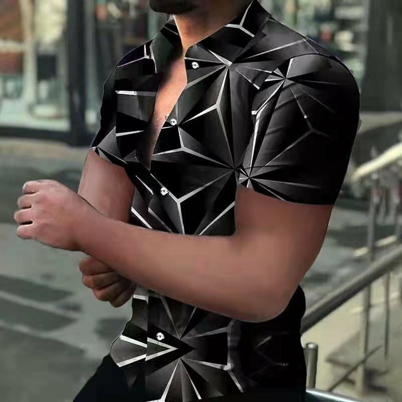 Camisa Botones Hombres Moda Negro Plata Manga Corta Fiesta Informal Camiseta Top