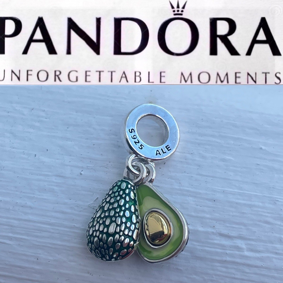New Pandora Moments Two-Tone Green Avocado Double Dangle Charm
