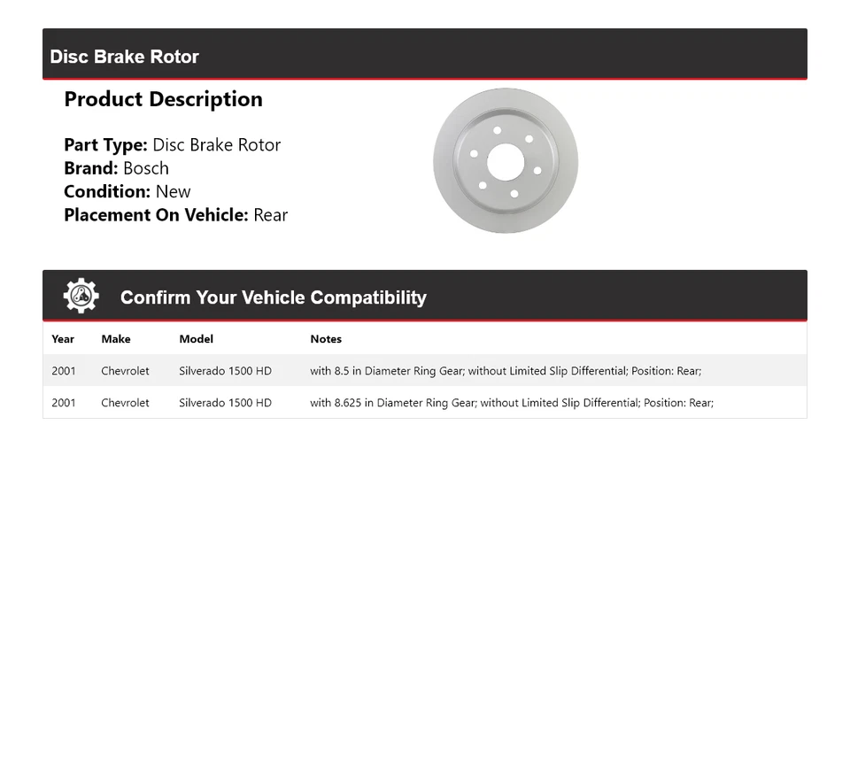 Rotor de freno de disco trasero Bosch QuietCast 2001 Chevrolet Silverado 1500 HD Foto 2 de 4