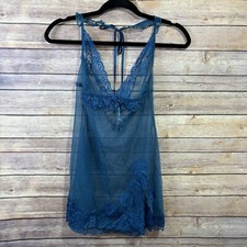 Frederick's of Hollywood Chemise Slip Blue Sheer Mesh Lace Lingerie Large