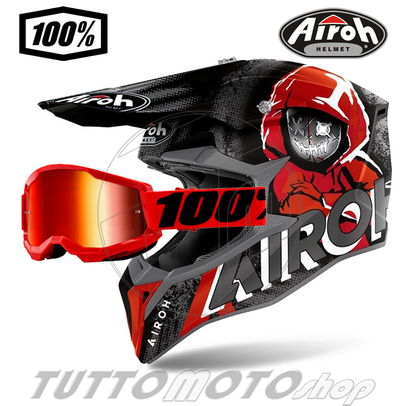 CASCO DA CROSS AIROH WRAAP ALIEN RED MATT + MASCHERA 100% SPECCHIATA RED NEW2021