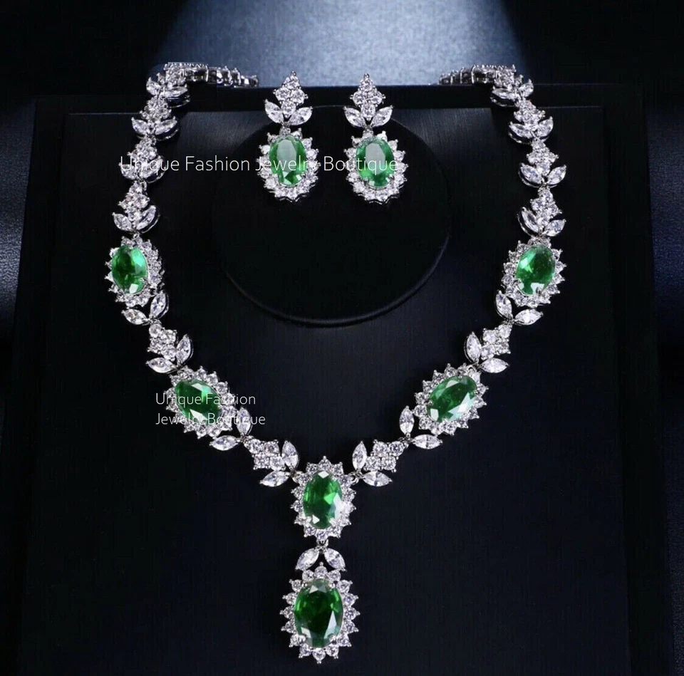 18k White Gold Plated Lab-Created Green Emerald Necklace Earrings Set Gorgeous