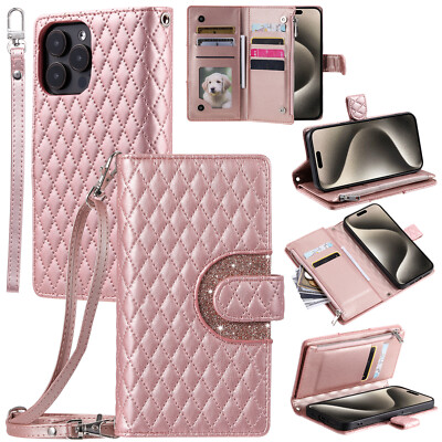 For iPhone 15 14 13 12 11 17 Pro Max 8 7 Leather Flip Zipper Wallet Case Cover