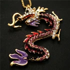 Fashion Women Shiny Crystal Purple Enamel Dragon Pendant Long Chain Necklace