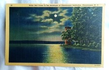 Miller Bell Tower Moonlight at Chautauqua Institution New York Postcard Linen