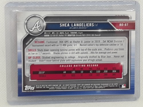 Shea Langeliers 2019 Bowman Draft Baseball - #BD-67 - Atlanta Braves - Picture 2 of 2