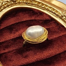 Baroque Faux Pearl Wire Wrapped Gold Tone Ring Boho Artisan Statement Handmade