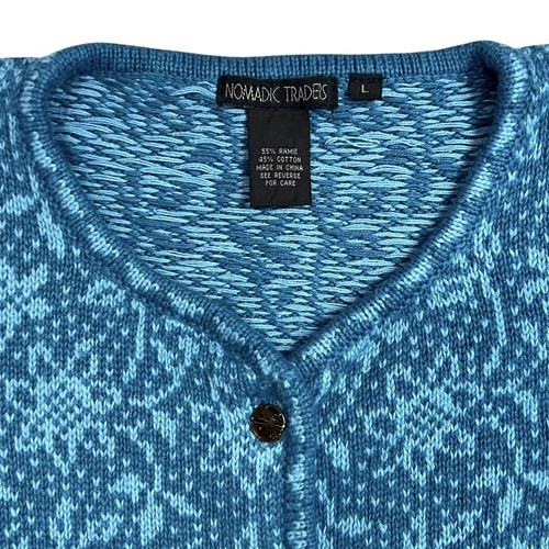 Nomadic Traders Womens L Cardigan Sweater Teal Blue Cotton Ramie Metal Buttons - Picture 3 of 11