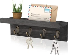 Rustic Key Holder for Wall, Farmhouse Wall Shelf with 4 Hooks, Wall Mounted Key 