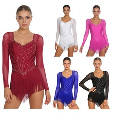 Womens Jumpsuit Tango Bodysuit Ballet Leotard Open Back Dancewear Rumba Mesh