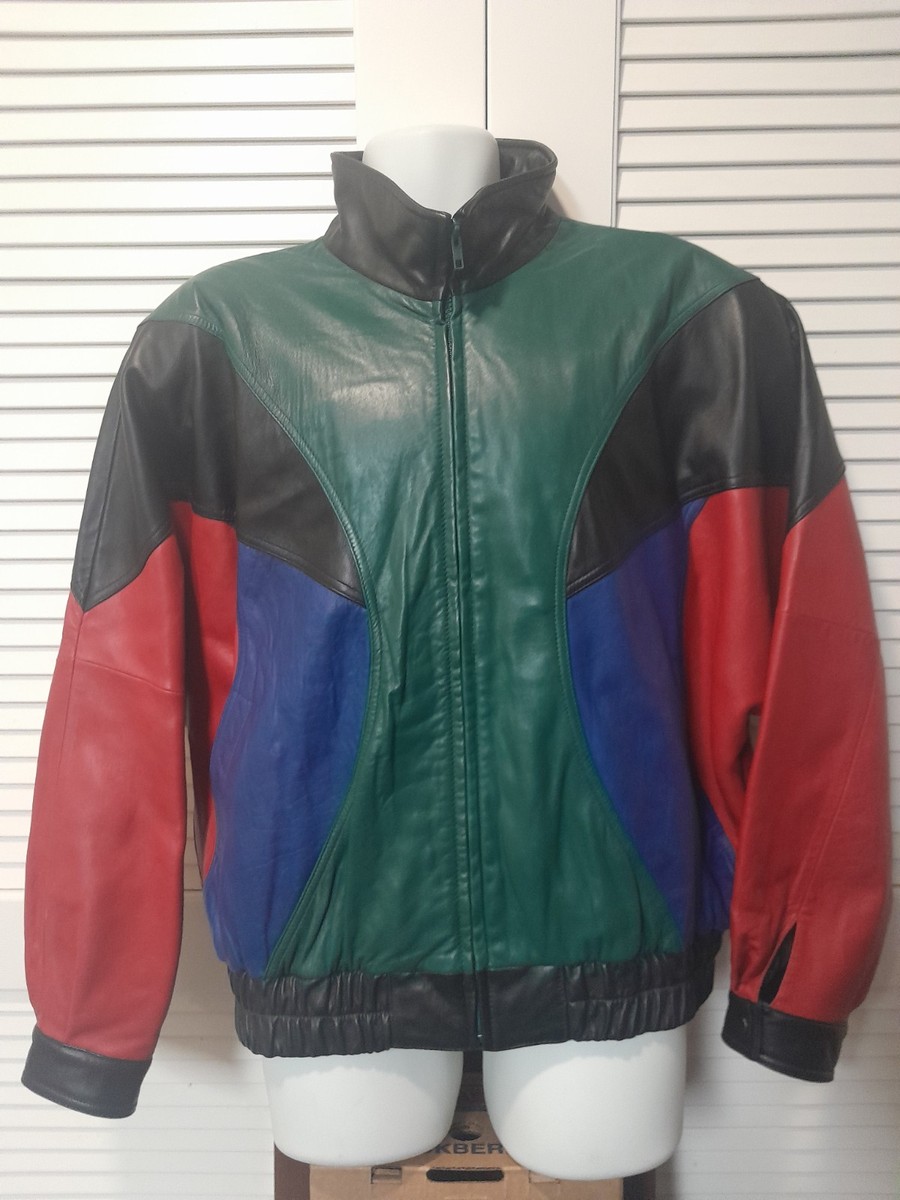 Rare Vintage 80s SAXONY Leather Bomber Jacket Multicolor Patchwork