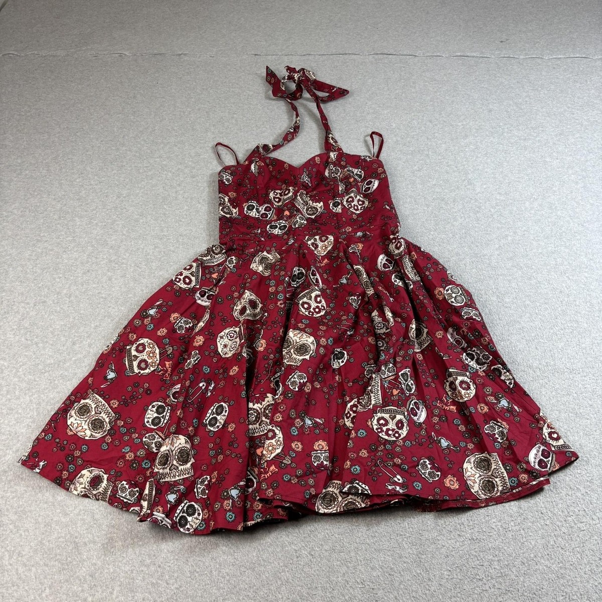 Hell Bunny Vixen Dress Women Medium Red Sugar Skull Halter Fit Flare Retro  Boho | eBay