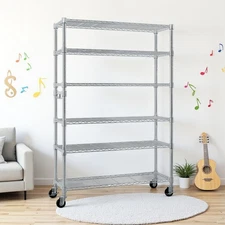 6-Tier Rolling Modular Shelving Unit w/Hooks - Adjustable, Heavy Duty & Silver