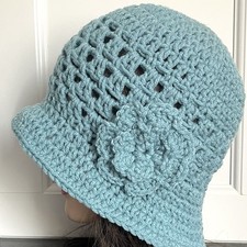 Handmade Womens Cloche Hat with Crochet Flower 1920s Flapper Bucket Hat Teal