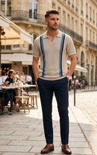 Marine Layer Conrad Vertical Stripe Sweater Knit Shirt Polo Mens XL Beige Blue