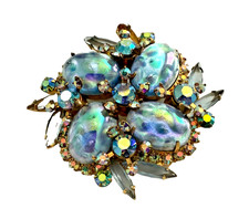 Vintage Juliana Brooch, Oval Blue Opals, AB Accent Stones, Faceted, Book Piece.