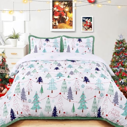 3 Pezzi Copripiumino Natalizio Re con Bordo Peluche, Albero di Natale Regina Teal - Foto 2 di 7