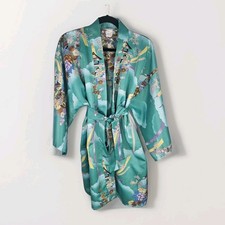 Vtg Japanese Kimono Beautiful Kimono Robe Turquoise Blue White Flowers One Size