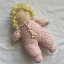 Vintage Eden Doll Plush Blonde Blue Eyes Rose 10" Terry Cloth Waffle Weave Rare