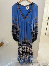 Farm Rio Anika Tiles Cerulean Blue Maxi Dress Long Sleeve V-Neck Size M