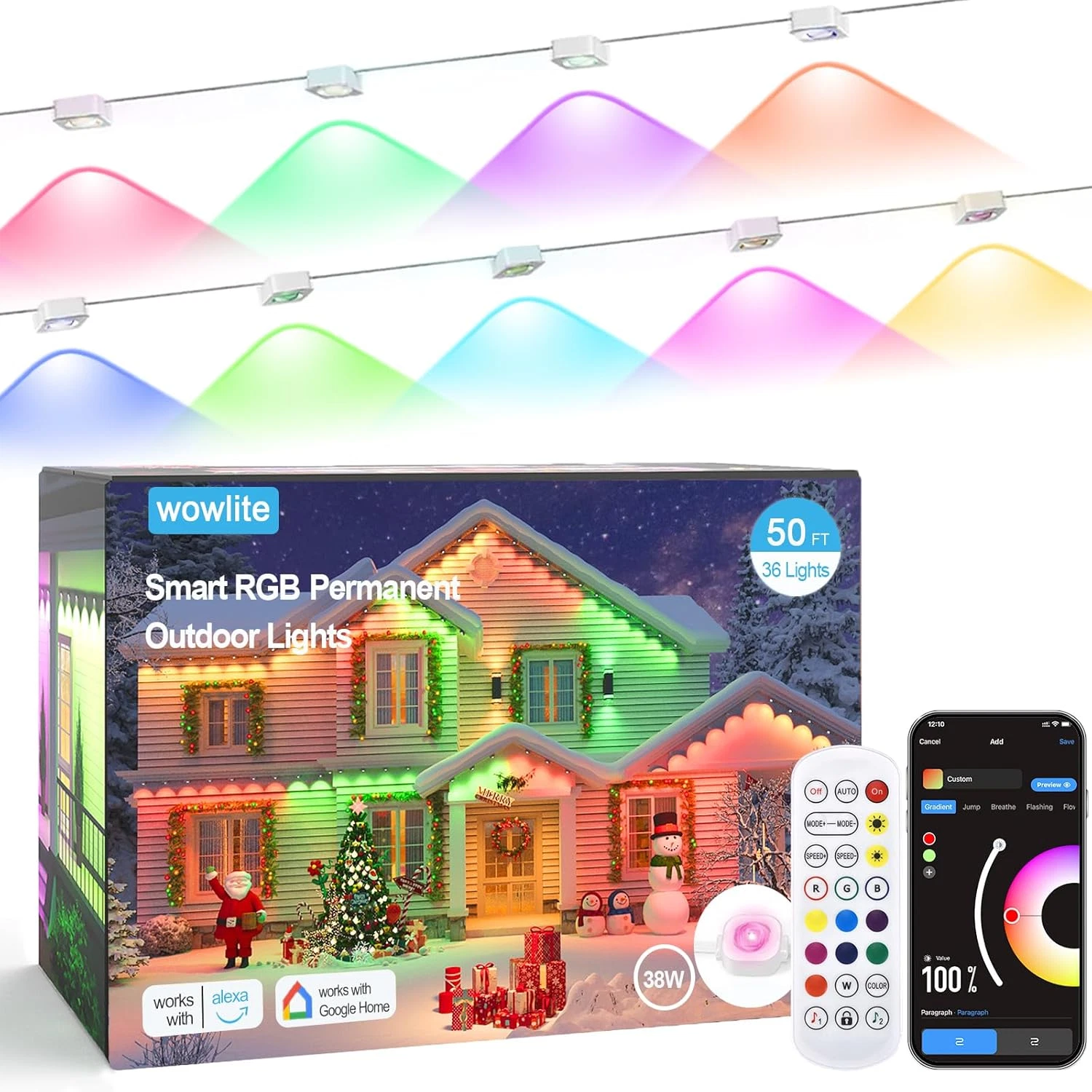 50FT RGBIC Smart Outdoor Lights, 36 LEDs, IP67 Waterproof, Works with Alexa & Go