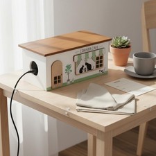 Wooden Cord Management Box Tidy Organized House Shaped Cable Box for Desktop