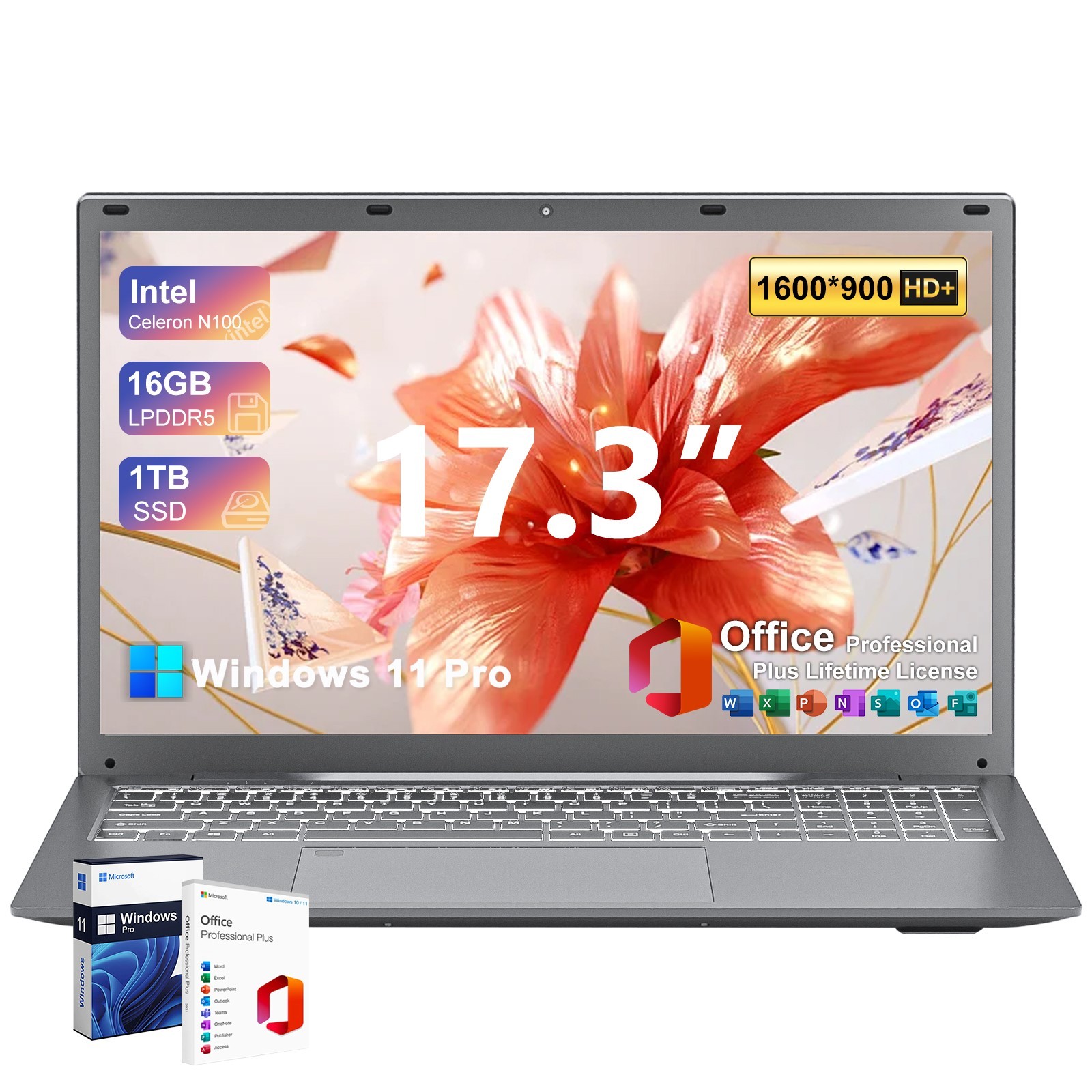 17.3 HD+ laptop 16GB RAM 1TB SSD Intel Core N100 MS Office Windows 11 Pro (Used)