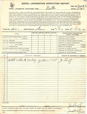 Jersey Central Lines Diesel Locomotive Inspection Report Form 1961 CNJ