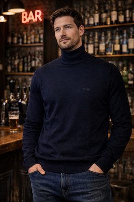 Herren Hugo Boss Marine Rollkragen Slim Fit Pullover Extrafeine Merinowolle UK M